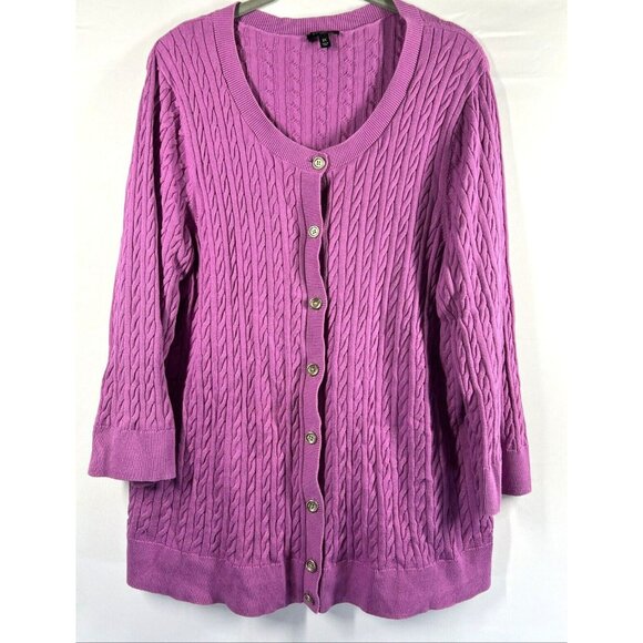 Talbots Women's Cardigan Plus 3X Solid Pink Cable Stitch Button Up 3/4 Sleeves - Picture 1 of 7
